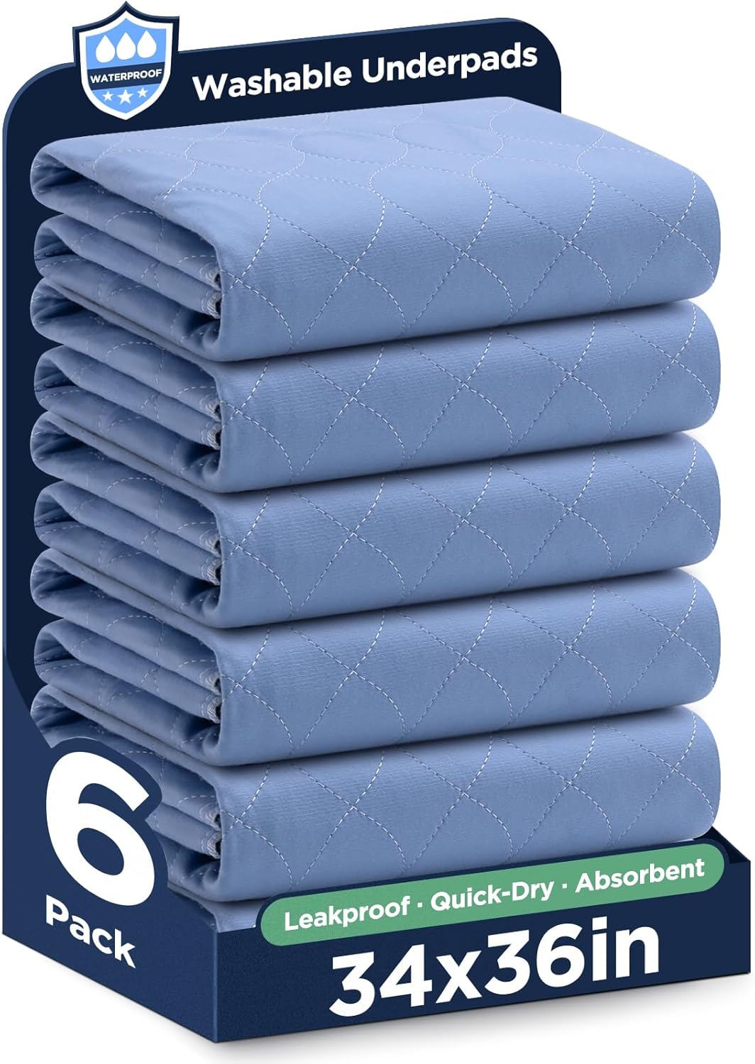 Washable Bed Pads 34in x 36in - 6 Pack, Waterproof & Reusable