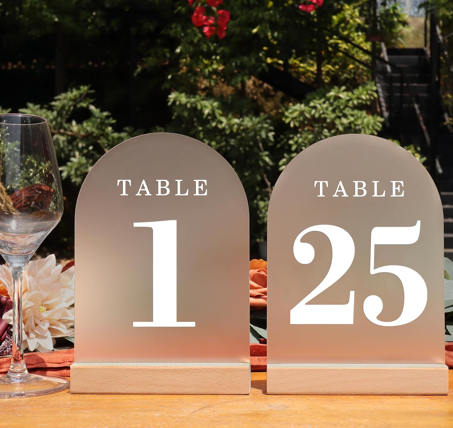 Elegant Wedding Table Numbers 1-25 with Natural Wood Stands
