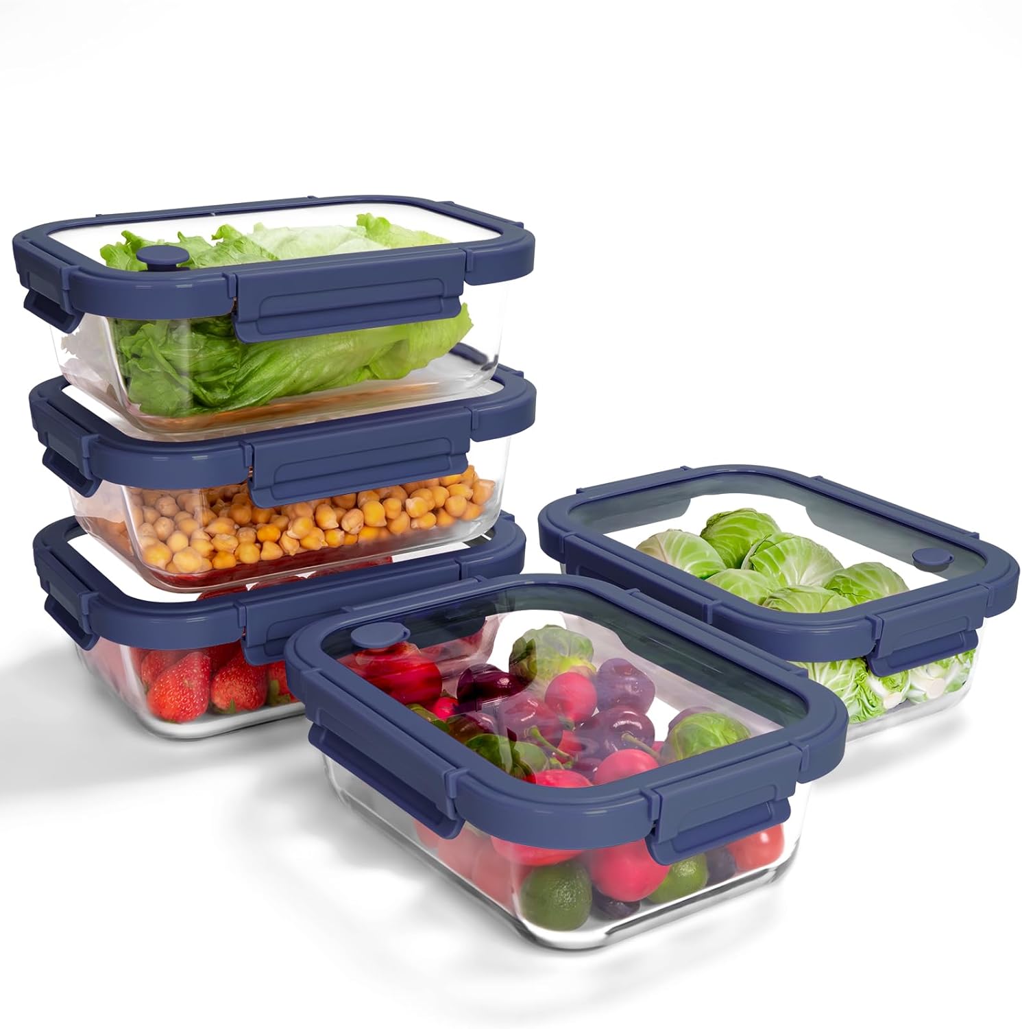 5-Pack Borosilicate Glass Containers with Tempered Lids for Meal Prep