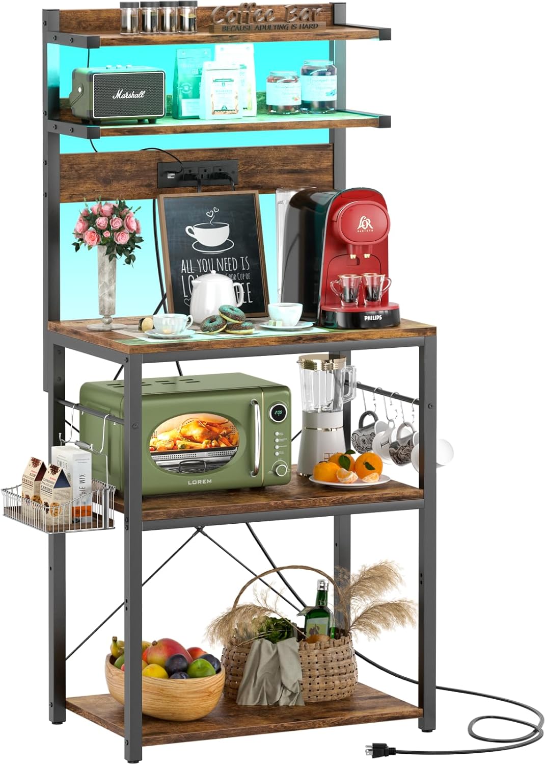 Aheaplus Bakers Rack with Power Outlet and LED Lights for Kitchen