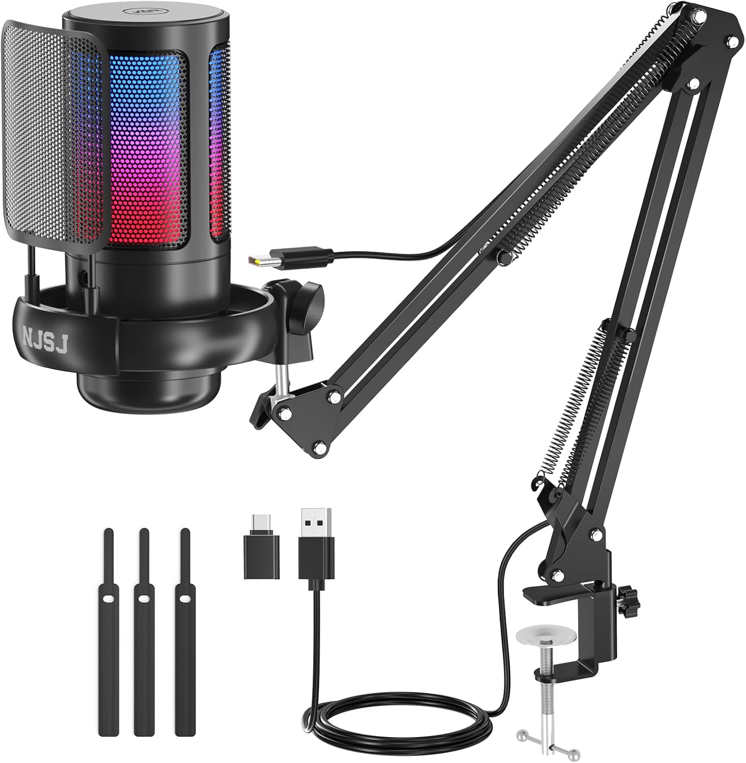 NJSJ USB Gaming Microphone for PC with RGB Lighting & Boom Arm