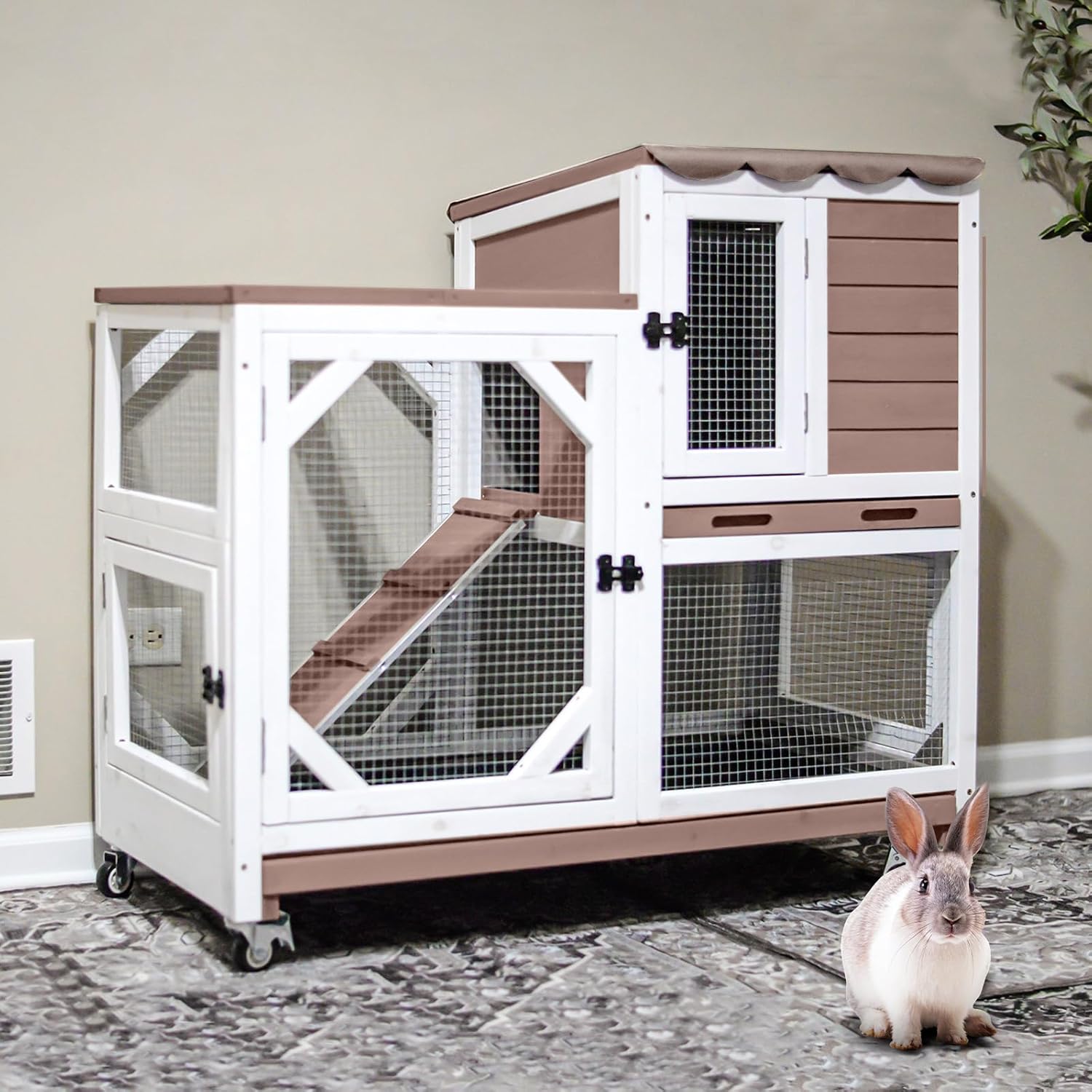Gutinneen 2-Story Rabbit Hutch with Chew-Proof Ramp & Trays
