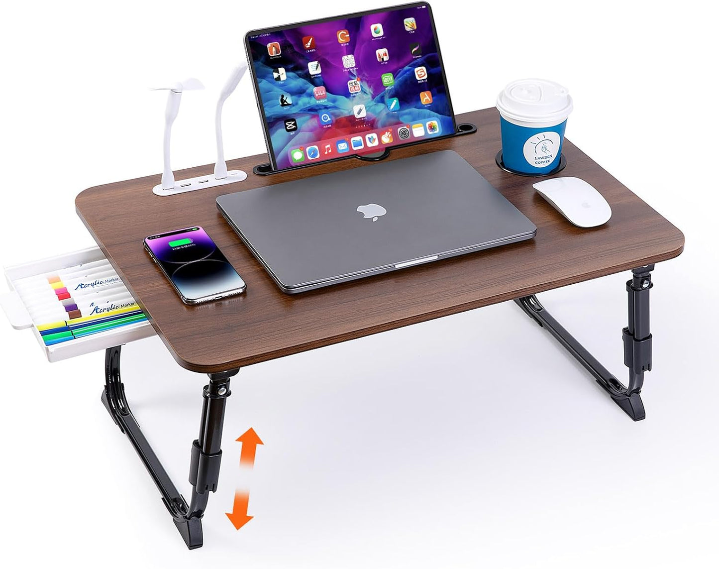 Height Adjustable Laptop Desk for Bed with USB and Cup Holder