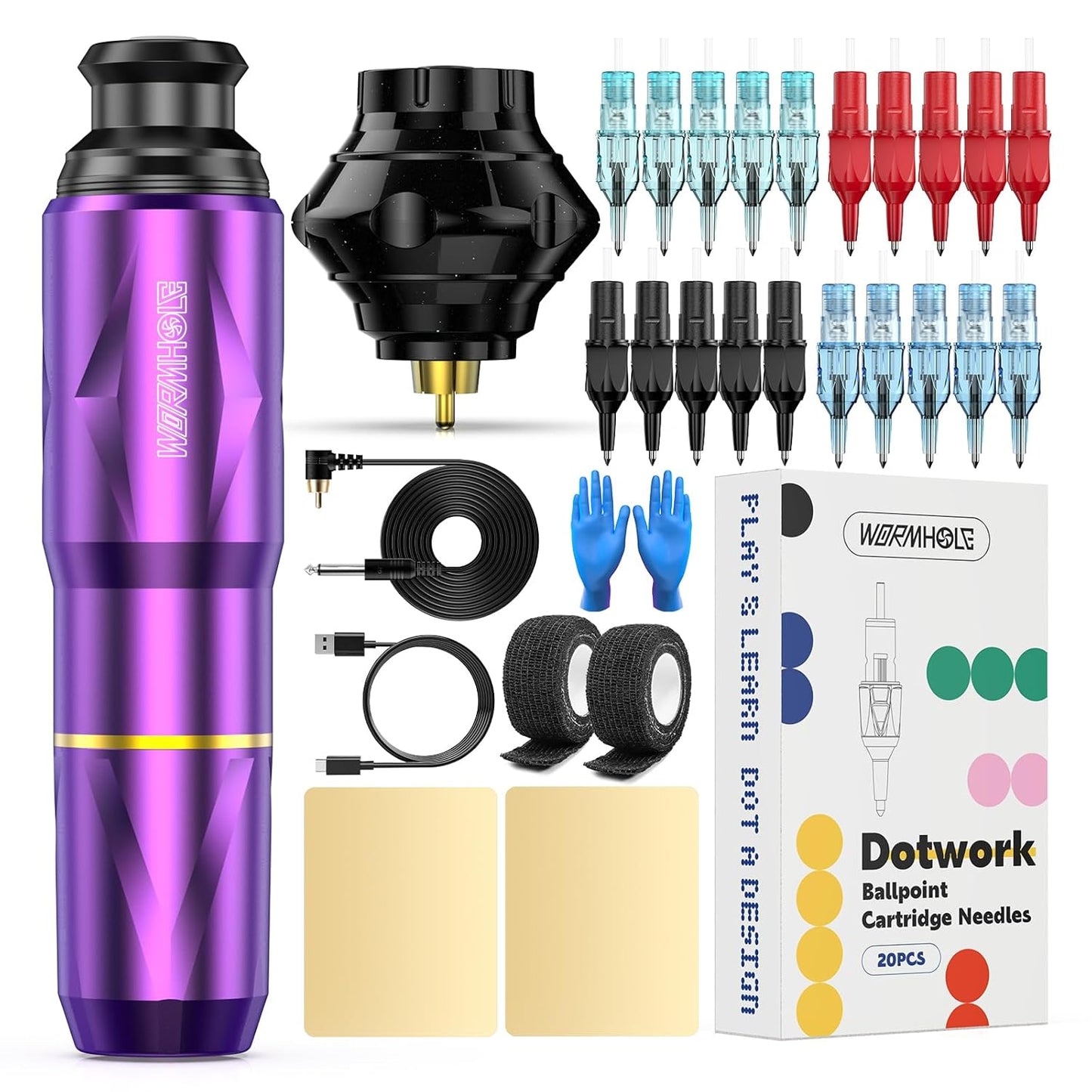 Wormhole Tattoo Kit Wireless Gun for Beginners with 20 Cartridges