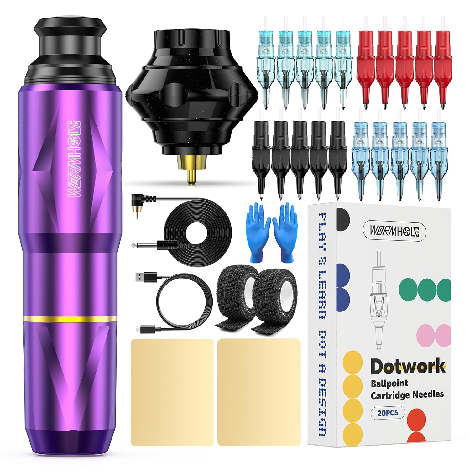Wormhole Tattoo Kit Wireless Gun for Beginners with 20 Cartridges