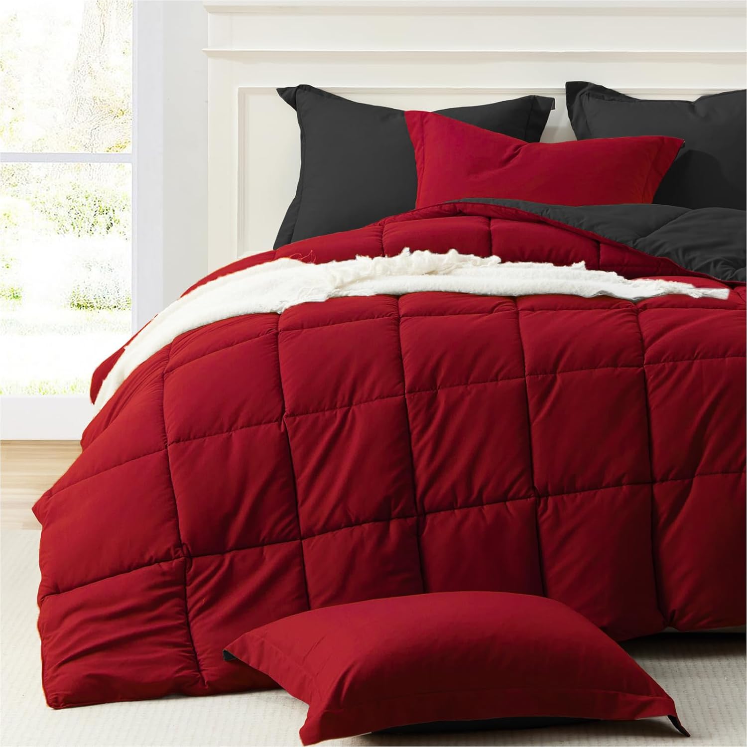 Homelike Moment Queen Comforter Set Red Black for All Seasons