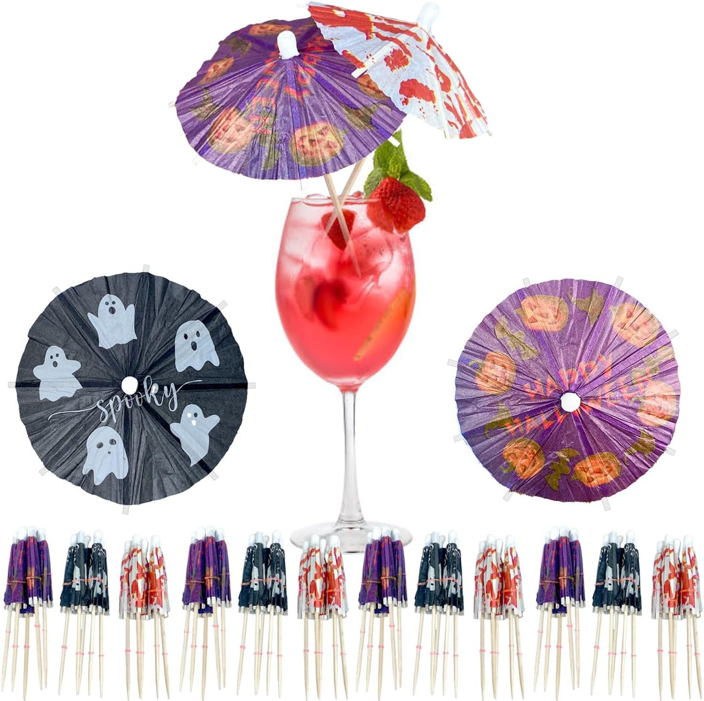 60PCS Halloween Cocktail Umbrellas - Spooky Drink Garnish