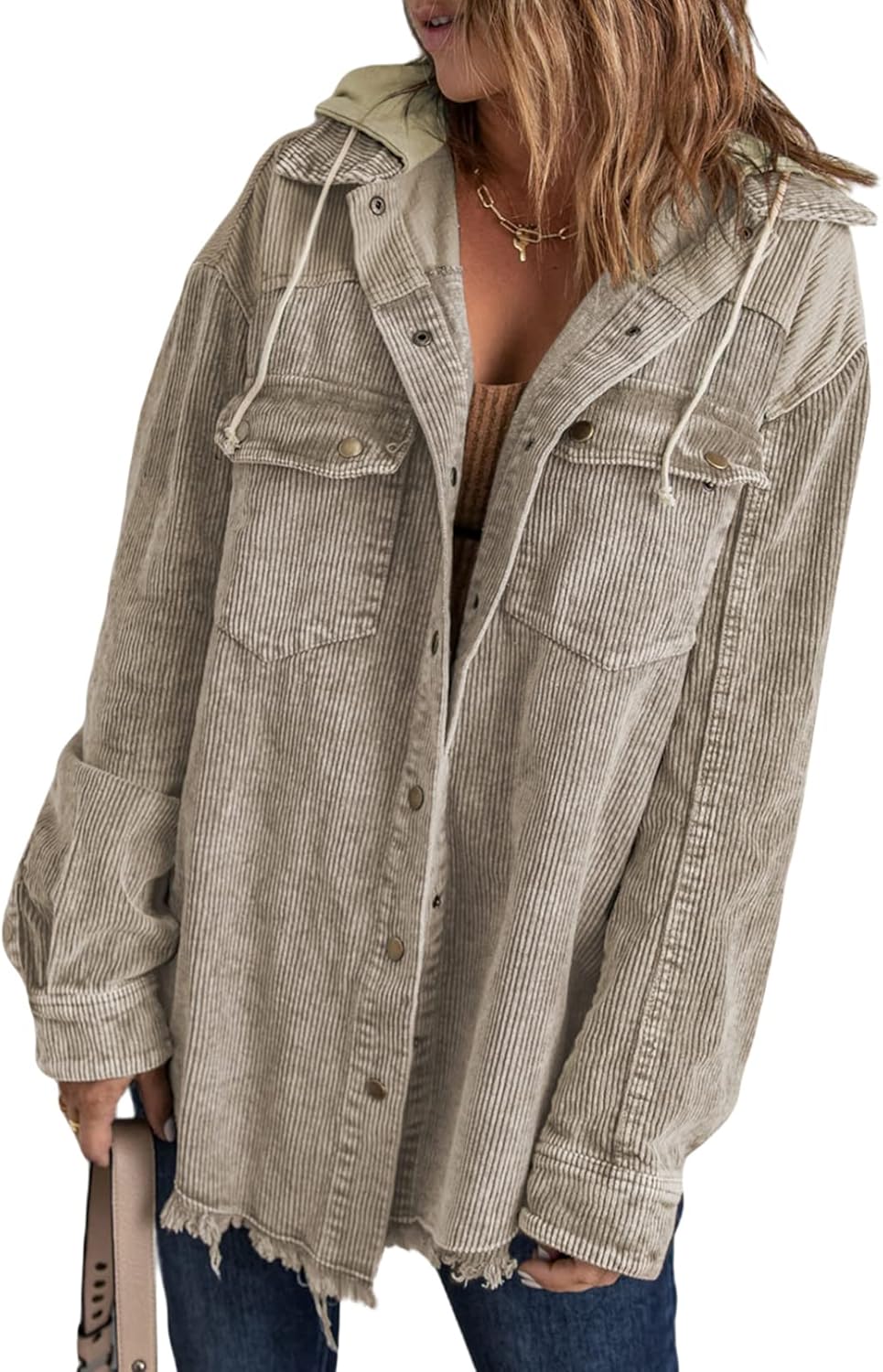 Dokotoo Womens Fall Corduroy Shacket Jacket with Hooded Design