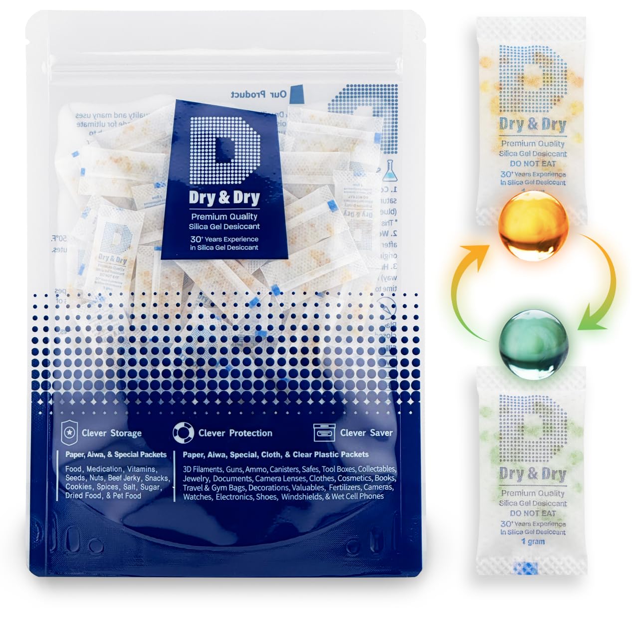 Dry & Dry 1 Gram Orange Indicating Silica Gel Packets for Food