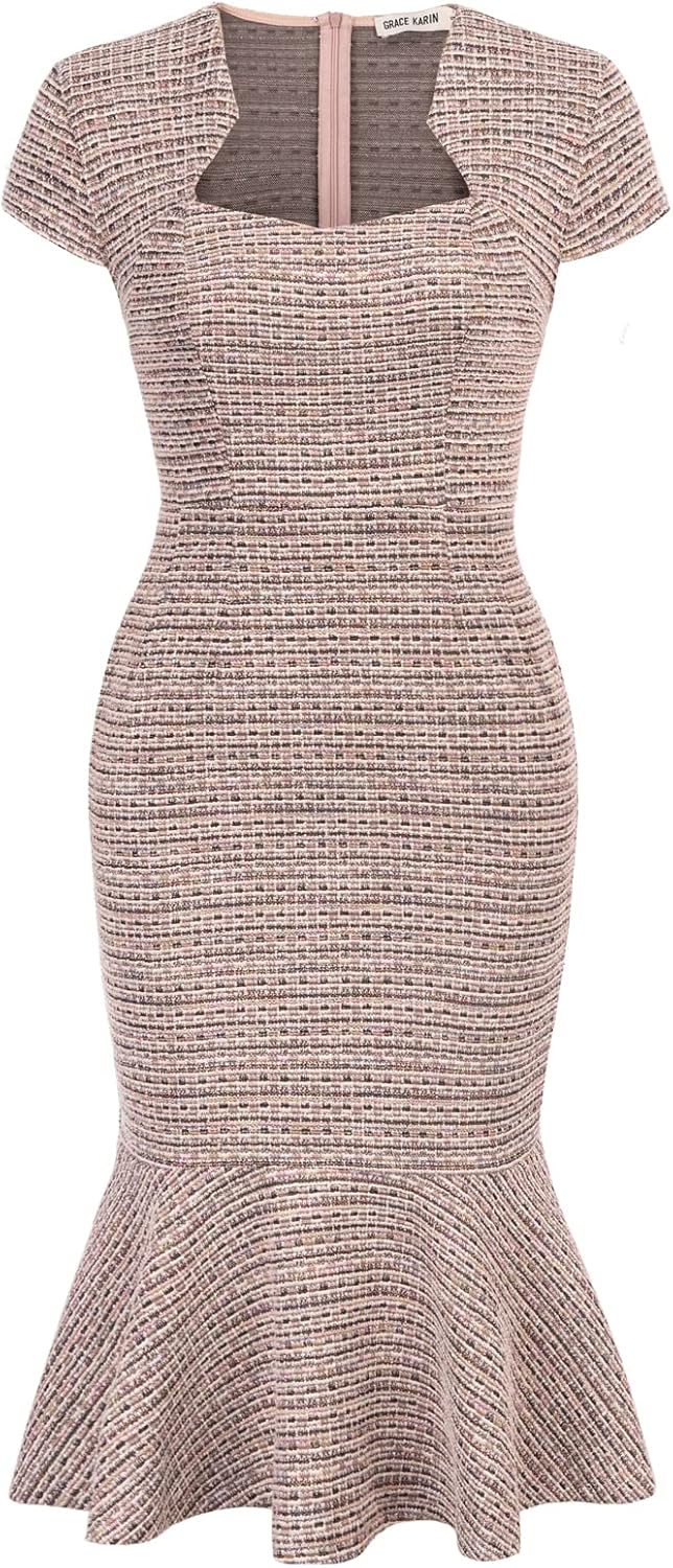 Elegant Cap Sleeve Fishtail Tweed Cocktail Bodycon Dress
