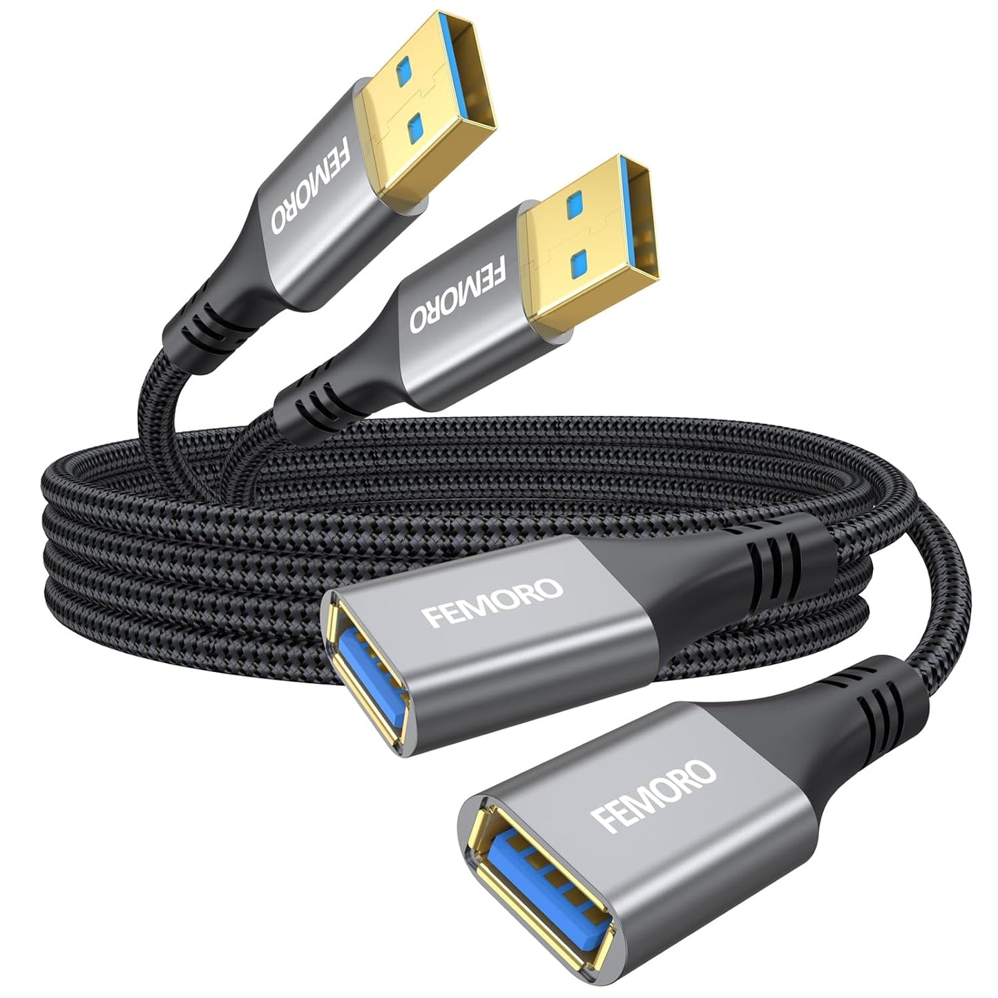 Faster Charging & Data Transfer! FEMORO USB Extension Cable Pack - 6ft 2-Pk