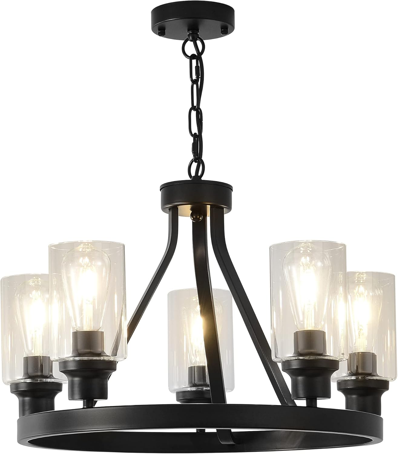 Farmhouse Chandelier Lighting Round 5 Lights Black with Glass Shade