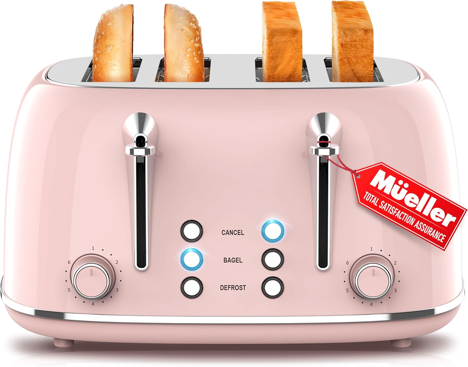 Mueller Retro Toaster 4 Slice with Extra Wide Slots in Pink