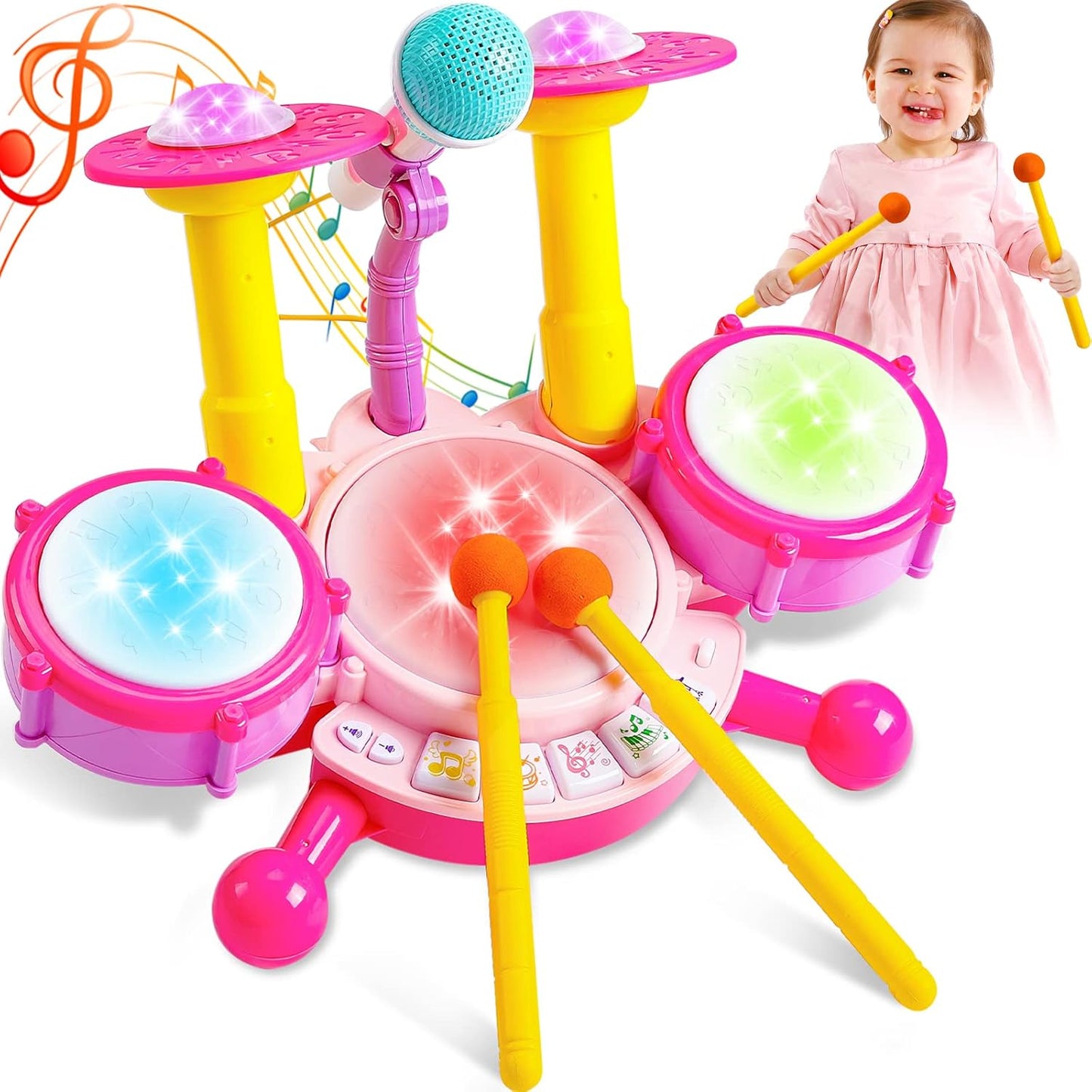 Kids Drum Set for Toddlers 1-3 with Microphone and Lights