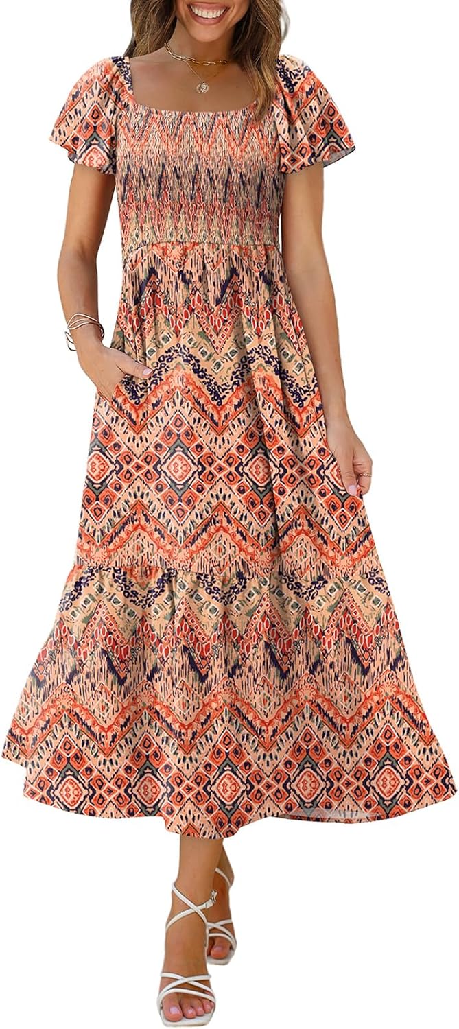 OFEEFAN Summer Dresses for Women with Square Neck and Pockets