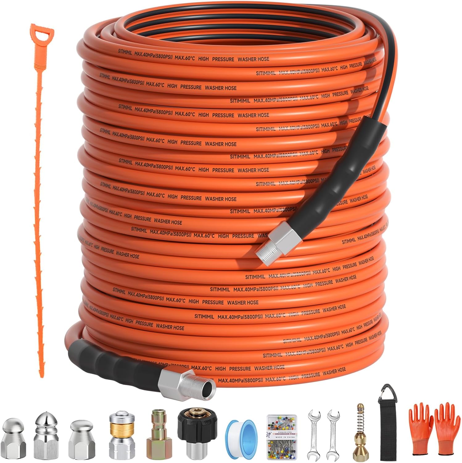 Sewer Jetter Kit for Pressure Washer 200FT with 5 Nozzles