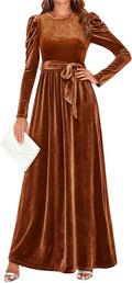 Velvet Maxi Dress Long Sleeve Crew Neck - Slimming High Waist