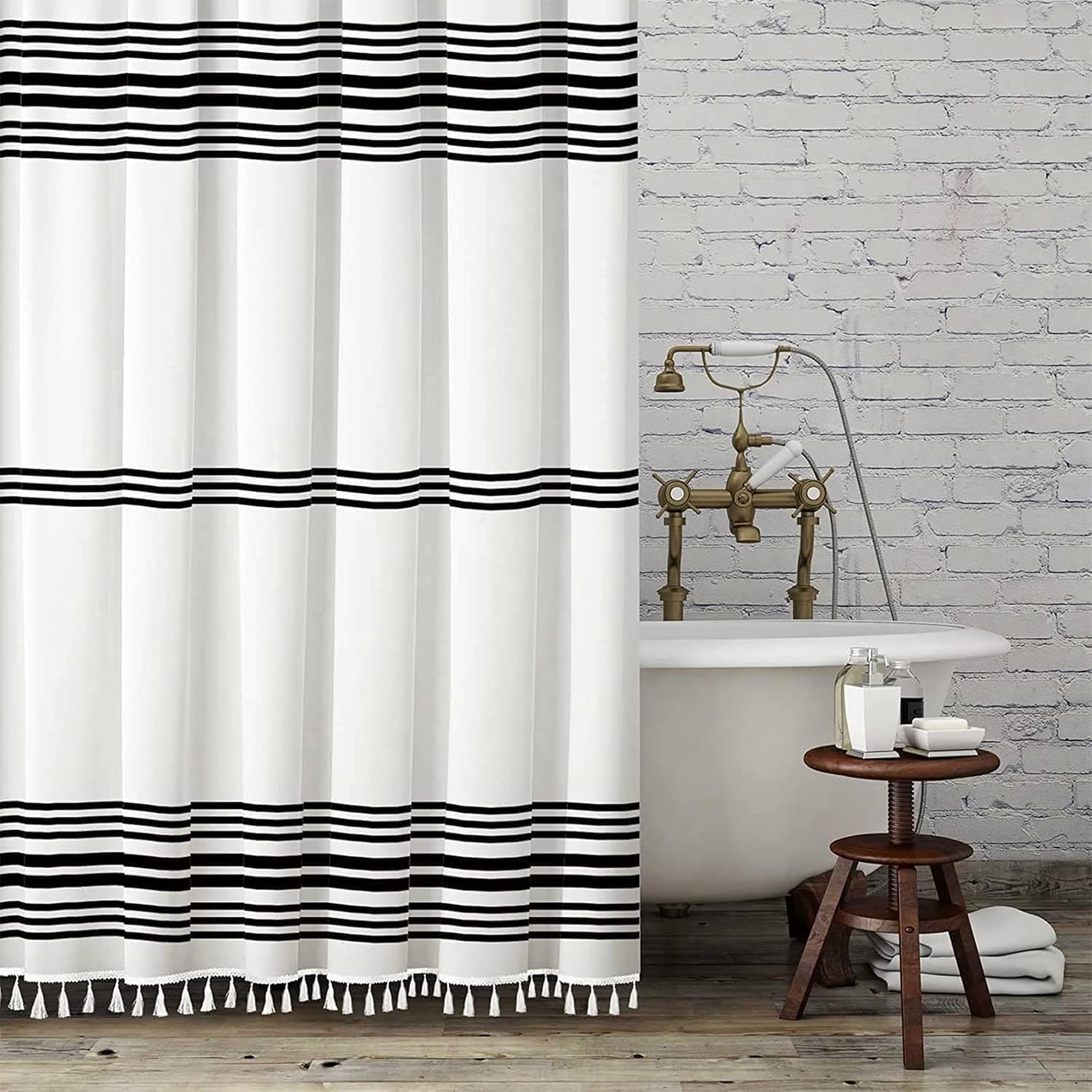 Farmhouse Fabric Shower Curtain with Tassels