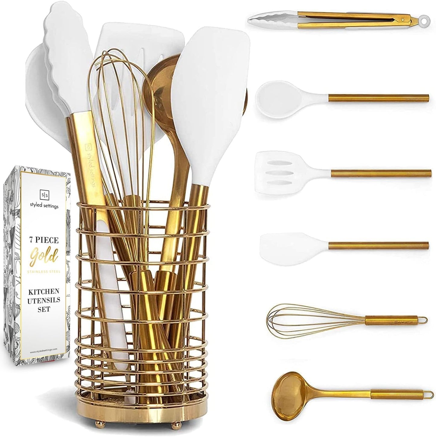 Gold Kitchen Utensils Set - 7-Piece White Silicone Tools