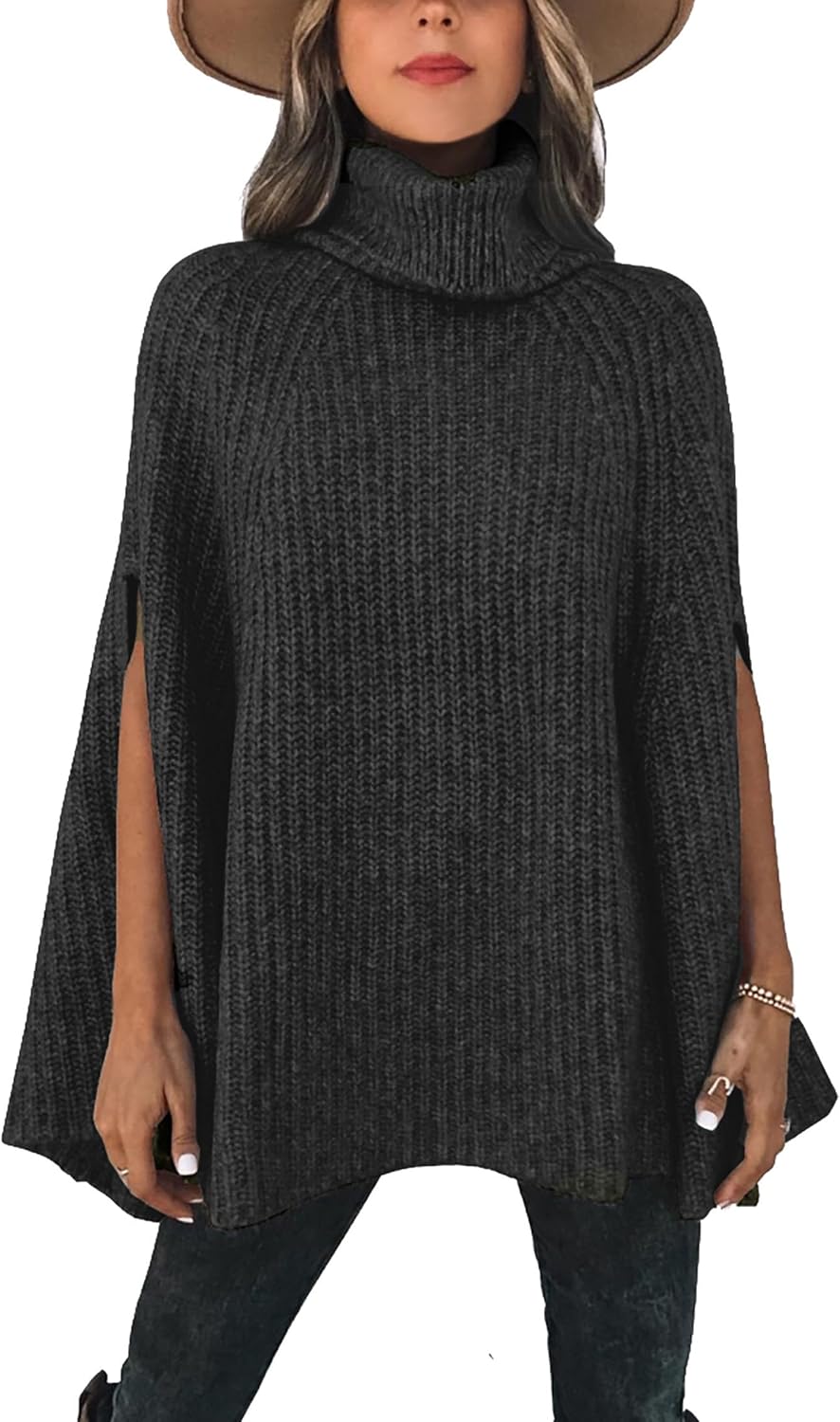KIRUNDO Women's Turtleneck Poncho Sweater for Fall 2025 Fashion
