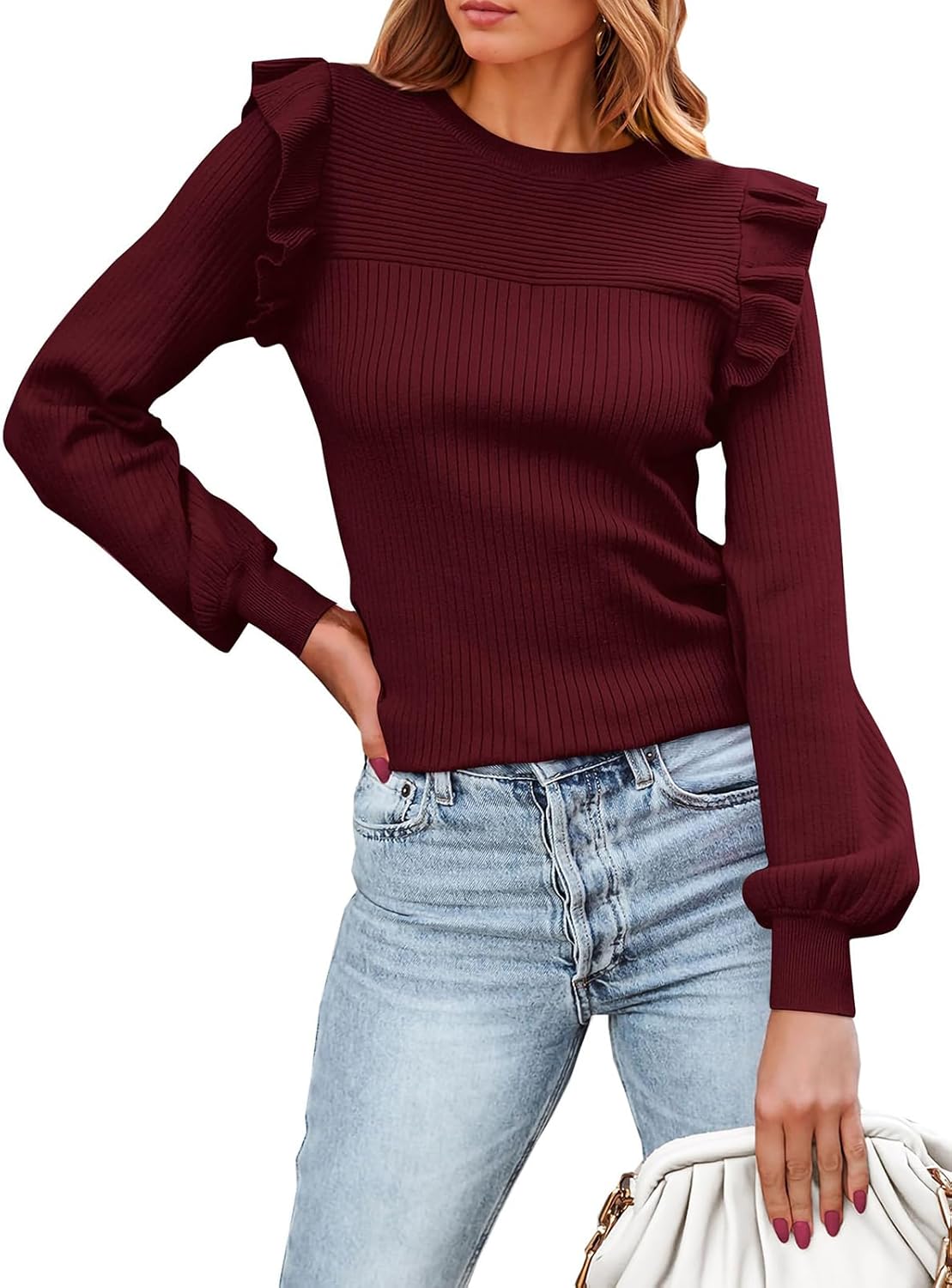 PRETTYGARDEN Women's Ruffle Long Sleeve Sweater for Fall 2025