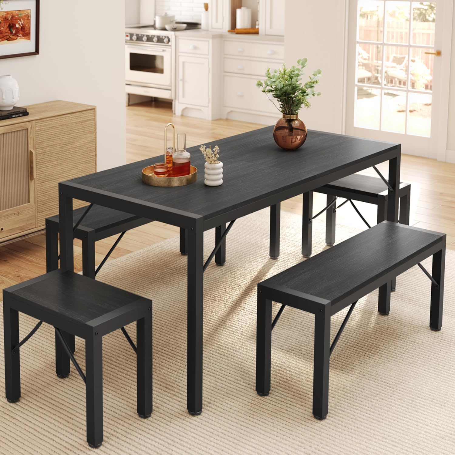 Gizoon 63 in Dining Room Table Set for 6 with Benches and Stools