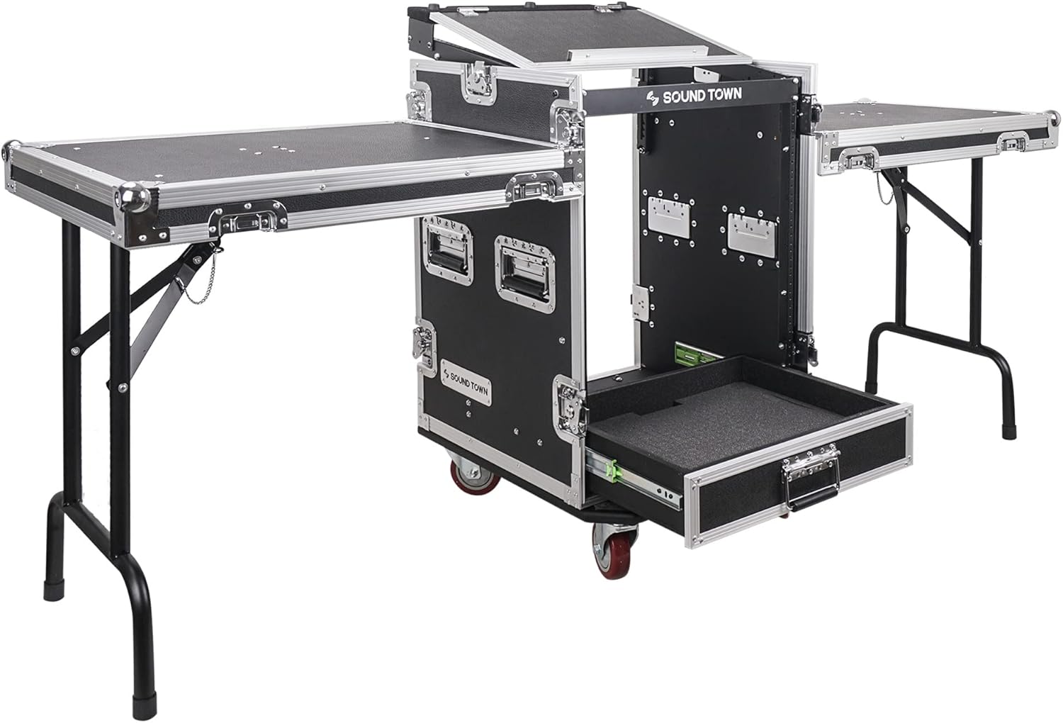 Sound Town 14U PA DJ Pro Audio Rack Case with Drawer and Tables