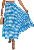 ZESICA Summer Plaid Elastic High Waist Flowy A Line Maxi Skirt - Boho