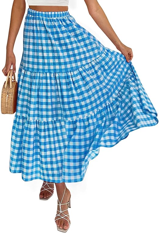 ZESICA Women's Summer Plaid High Waist Flowy A Line Maxi Skirt
