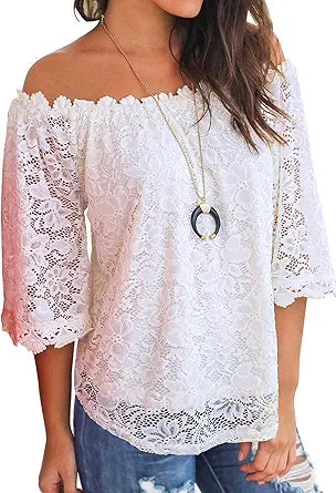 MIHOLL Women's Lace Off Shoulder Tops for Casual Elegance