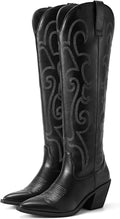 Rollda Cowboy Boots for Women Embroidered Knee-High Pointy Toe - Retro