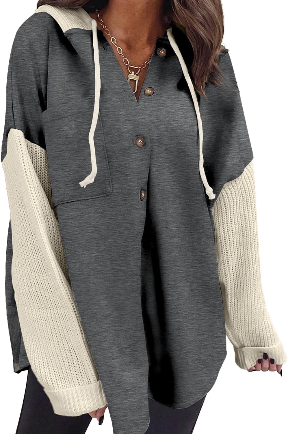 SHEWIN Oversized Sweatshirt for Women - Cozy Button Hooded Top