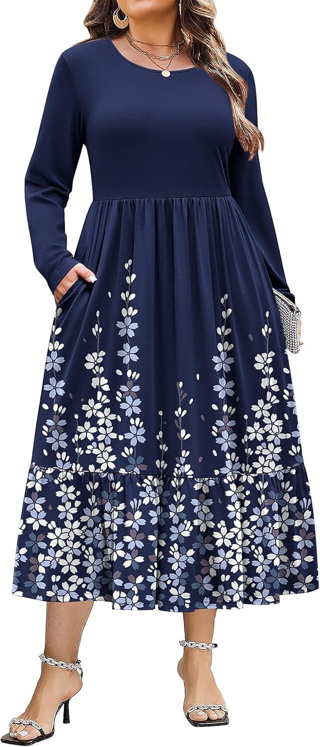 Plus Size Long Sleeve Maxi Dress with Pockets for Women