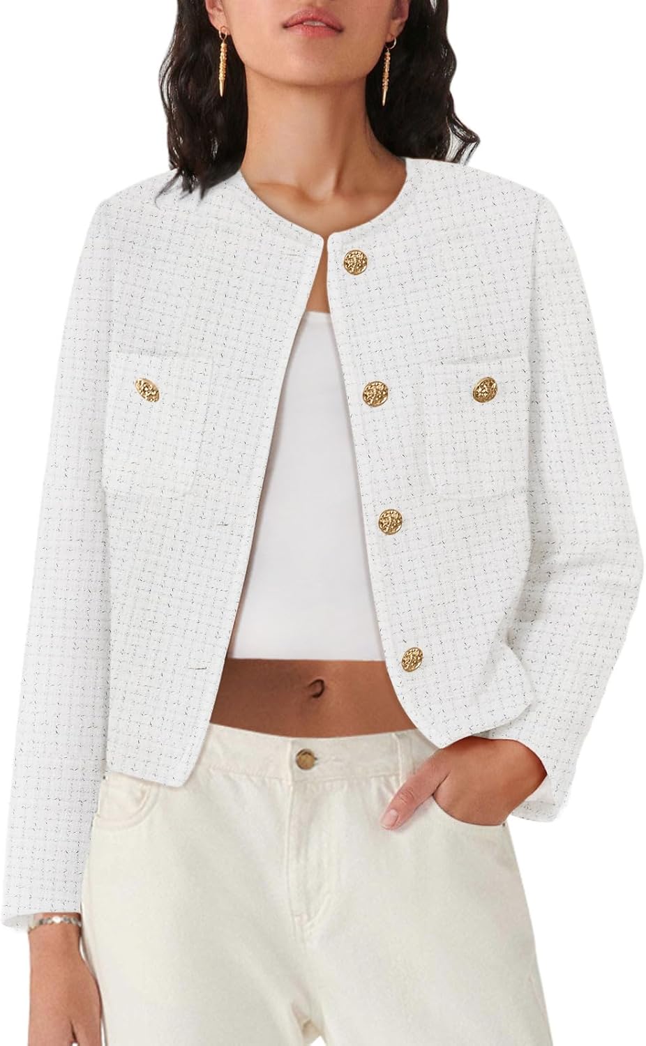 Women's Tweed Blazers Long Sleeve Casual Cropped Jacket