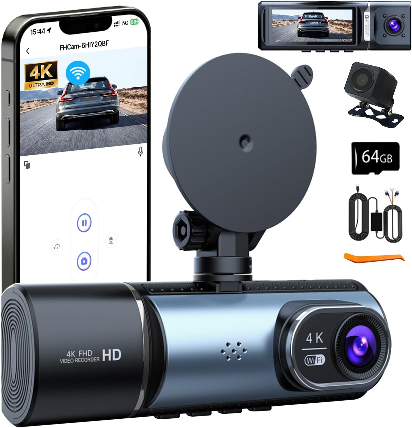 4K Dash Cam with WiFi, Night Vision, and 3 Channel Recording