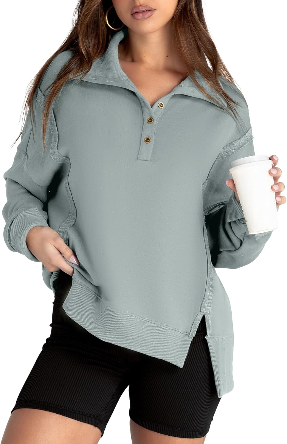 Glamaker Oversized Button V Neck Sweatshirt