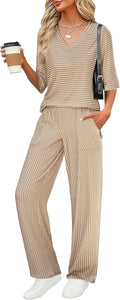 LOMON Women's 2 Piece Lounge Pajama Set - Soft VNeck Top & Wide Leg