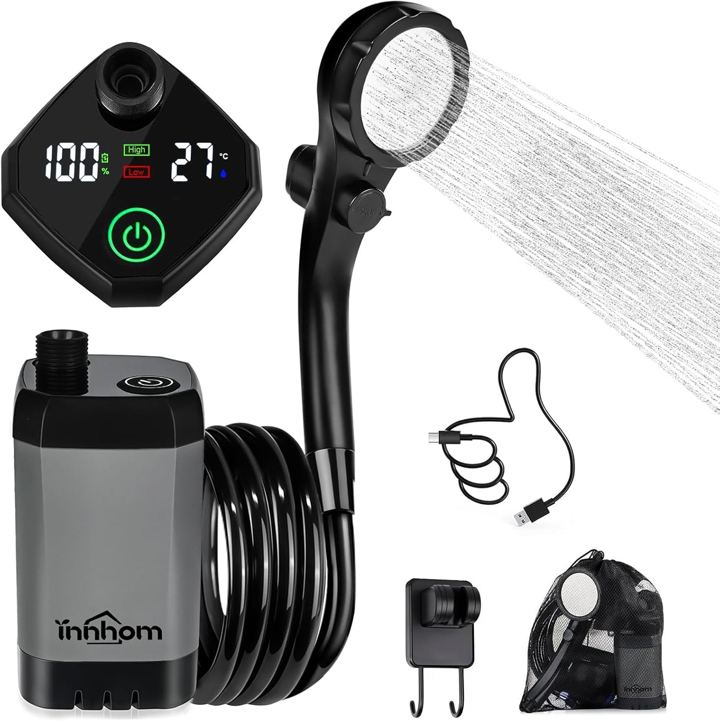 Portable Shower for Camping with 6000mAh Battery and LED Display