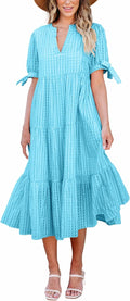 Theenkoln Womens Casual Midi Dress - Gingham Tiered V-Neck
