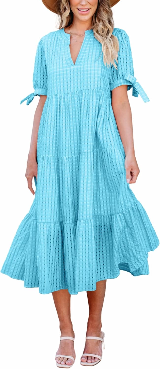 Theenkoln Womens Casual Midi Dress: Trendy Gingham Tiered Style