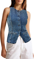 Tankaneo Womens Button Down Denim Vest Tops Sleeveless Fitted Jean no