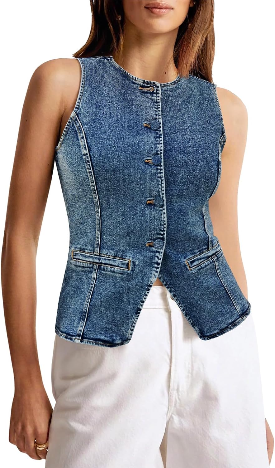 Trendy Womens Button Down Denim Vest Tops for Summer Style