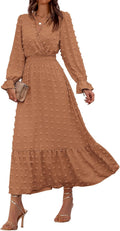 Women Fall Maxi Dress V Neck Swiss Dots - Elastic High Waist