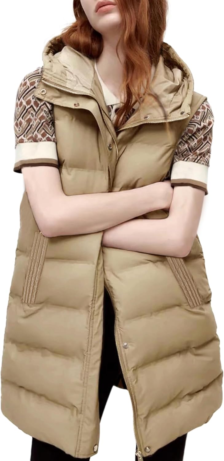 Long Puffer Vest for Women - Casual Sleeveless Puffy Jacket