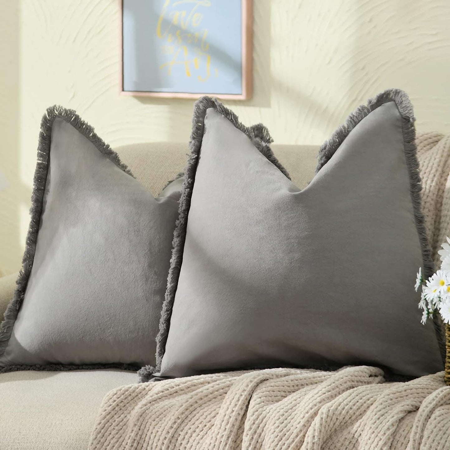 ZWJD 24x24 Gray Throw Pillow Covers with Fringe for Chic Decor