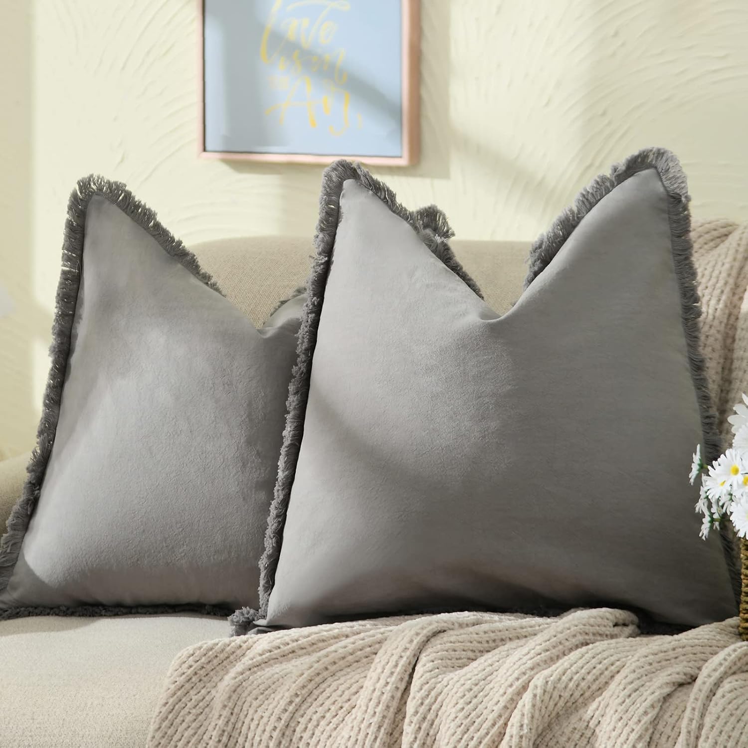 ZWJD 24x24 Gray Throw Pillow Covers with Fringe for Chic Decor
