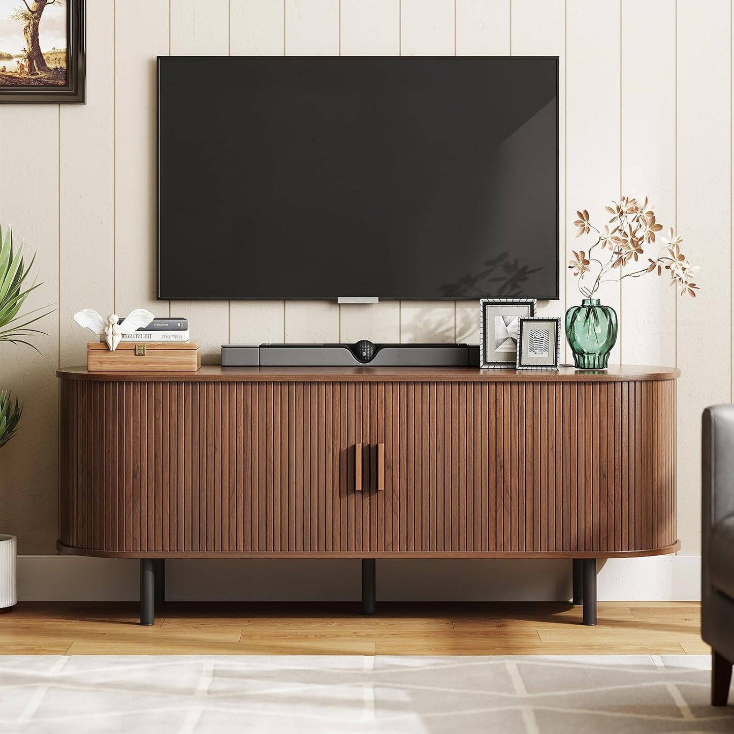 Modern Walnut TV Stand with Power Outlet & Storage