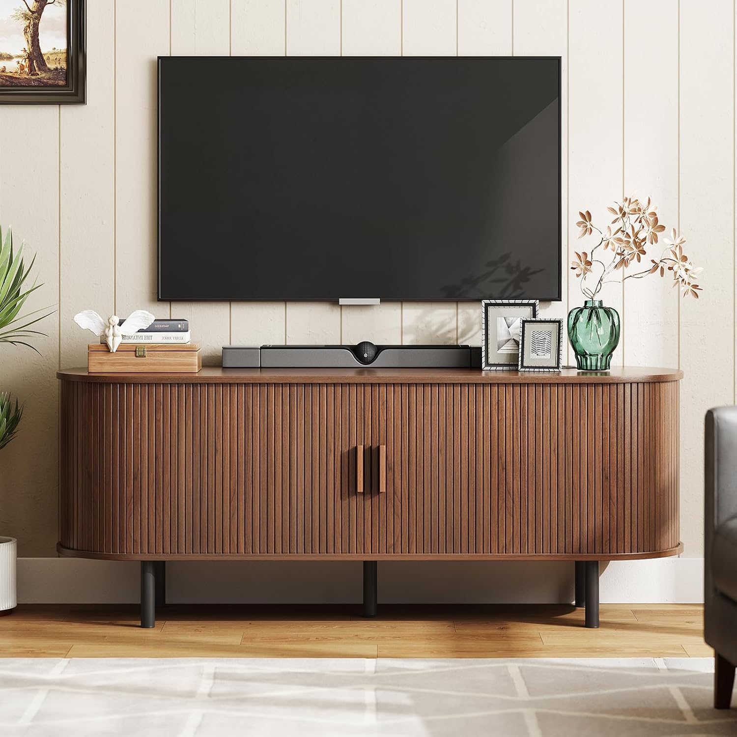 Modern Walnut TV Stand with Power Outlet & Storage