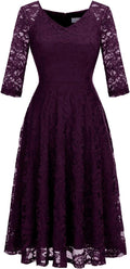 Dressystar Womens Long-Sleeve A-Line Lace Midi Dress - Elegant Wedding