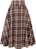Womens High Waist Plaid Midi Skirt - Aline Pleated Vintage Style